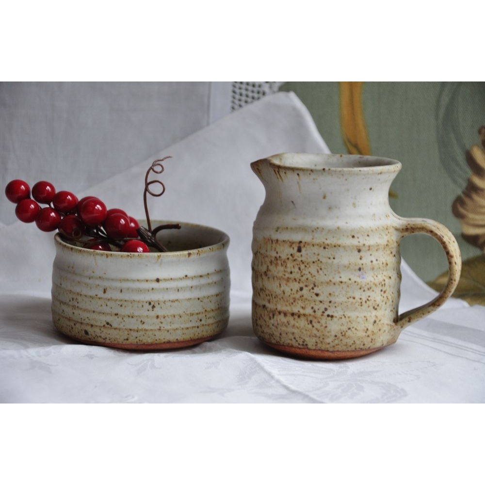 Pottery Sugar Dish And Creamer Rustic Canada Quebec Vtg Pottery Set