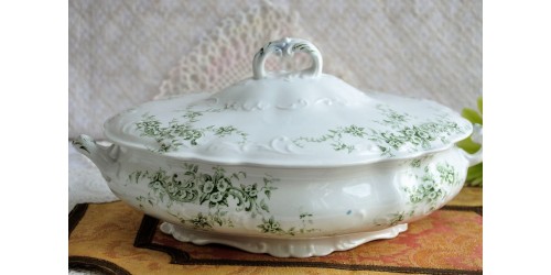 Old Green Floral Décor Transferware Serving Dish