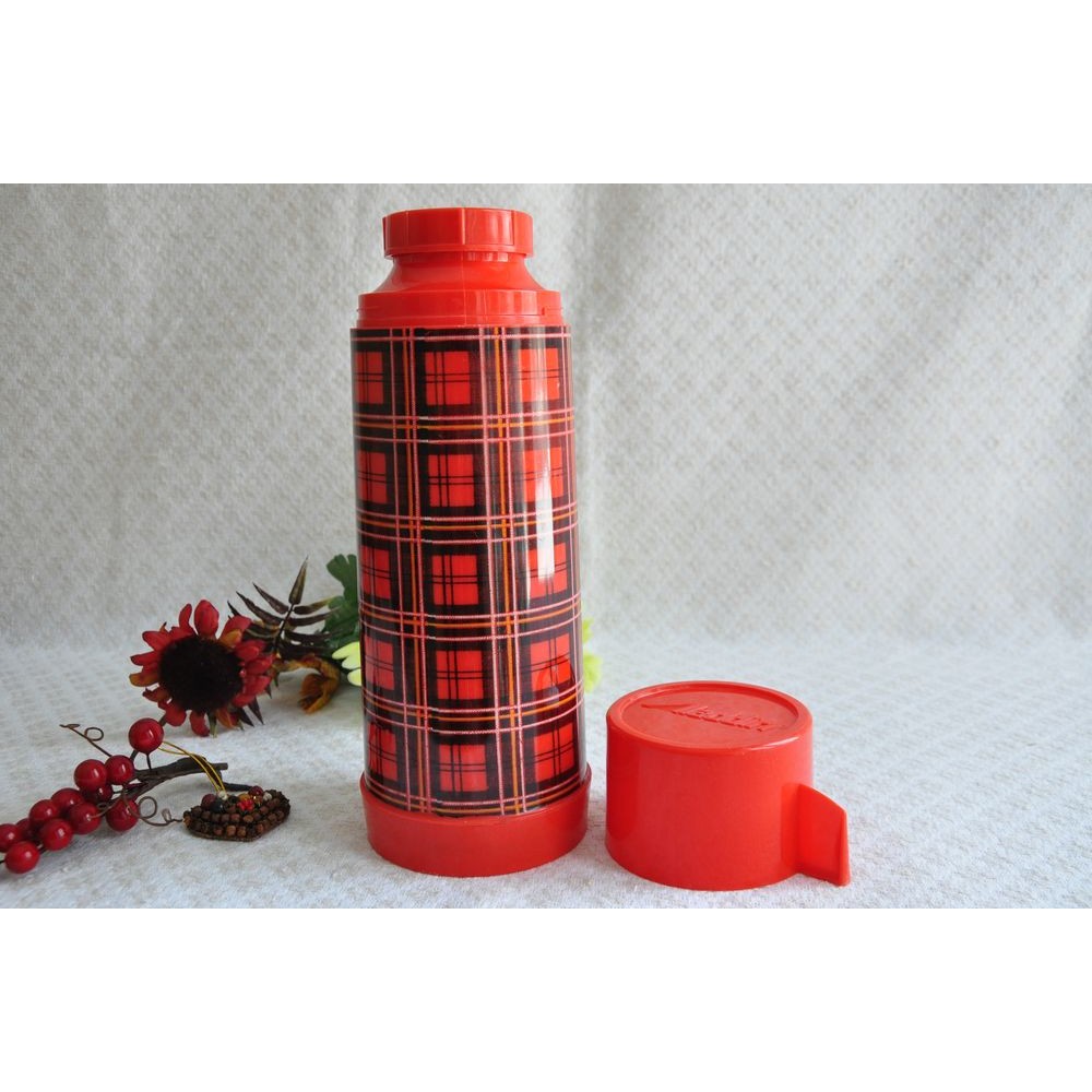 A. Vintage green plaid thermos by Sunshine (China). $16 B. Aladdin Quart  Thermos Stopper NO. 31 Cup NO. 243, 12 Tall Made in USA Red Plaid…
