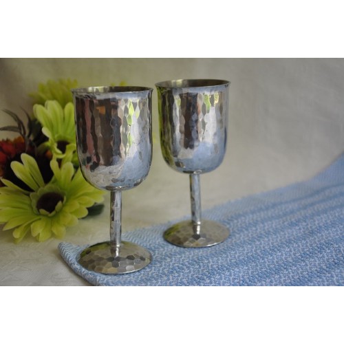 Pair of Signed Hammered Pewter Wine Glasses