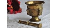 Small Solid Brass Ornate Mortar with Pestle