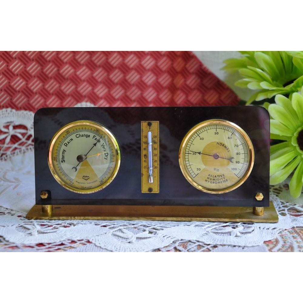 Baromètre Thermomètre Hygromètre Vintage En Bois et Laiton Fabrication  Française