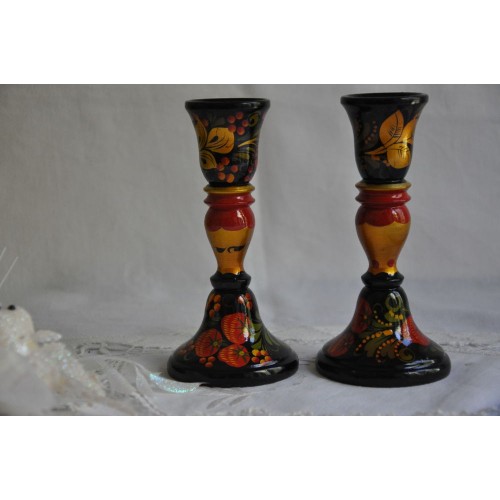 Pair of Russian Wood Hand Painted Candlesticks 