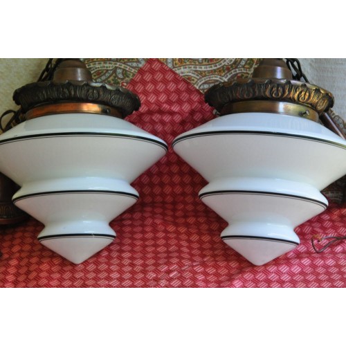 White and Black Art Deco Glass Pending Lamps
