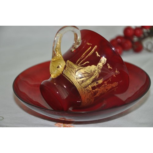 Antique Murano Ruby Glass Gilded Cup and Bowl