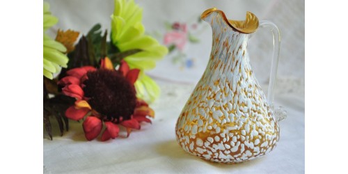 Yellow Glass Pitcher with White Spatter Overlay