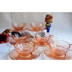 French Art Deco Pink Glass Cups & Saucers