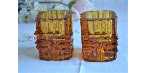 Czech Design 1960's Amber Glass Candle Holders