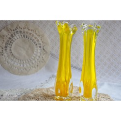 Pair Of Yellow And Clear Swung Glass Vases